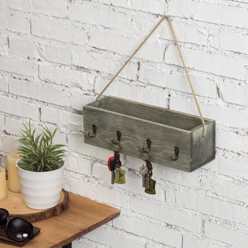 Vintage Gray Wood Entryway Mail Sorter Bin w/ Hooks - MyGift