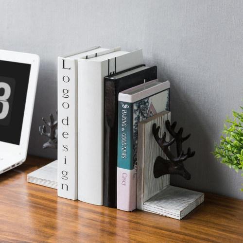Cast Iron Elk Head and Whitewashed Wood Bookends, Set of 2 - MyGift
