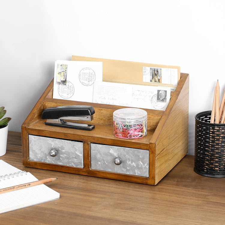 Rustic Mango Wood & Galvanized Metal Desktop Organizer-MyGift