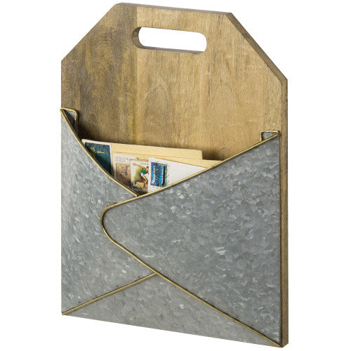 Gold-Rimmed Galvanized Metal & Mango Wood Mail & Magazine Sorter-MyGift