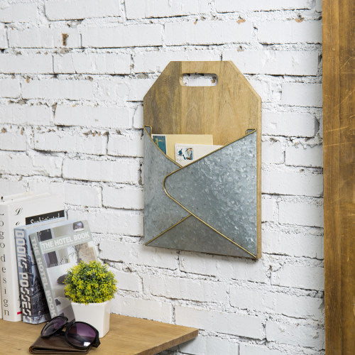 Gold-Rimmed Galvanized Metal & Mango Wood Mail & Magazine Sorter-MyGift