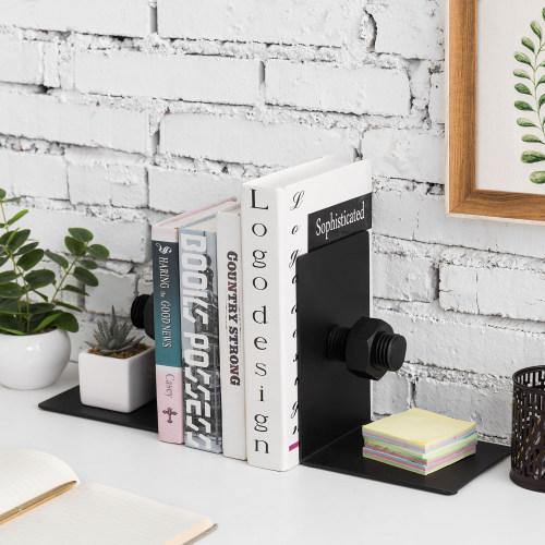 Industrial Nuts and Bolts Design Black Metal Bookends, Set of 2 - MyGift