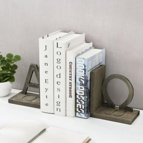 Gray Wood and Black Metal Alpha and Omega Bookends, Set of 2 - MyGift