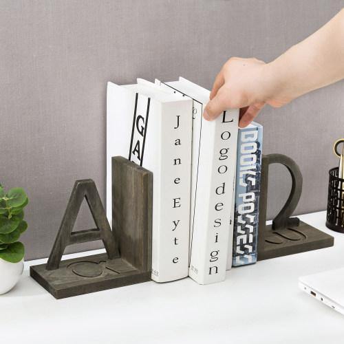 Gray Wood and Black Metal Alpha and Omega Bookends, Set of 2 - MyGift