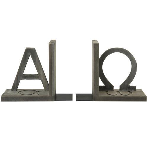 Gray Wood and Black Metal Alpha and Omega Bookends, Set of 2 - MyGift