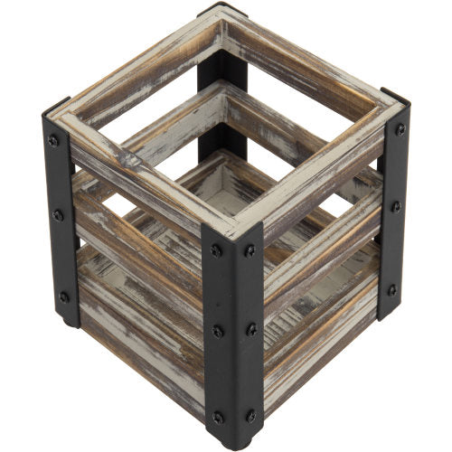 Rustic Torched Wood and Industrial Black Metal Office Stationary Cup-MyGift