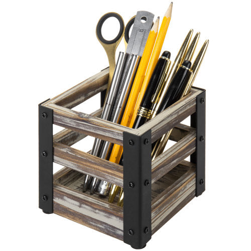 Rustic Torched Wood and Industrial Black Metal Office Stationary Cup-MyGift