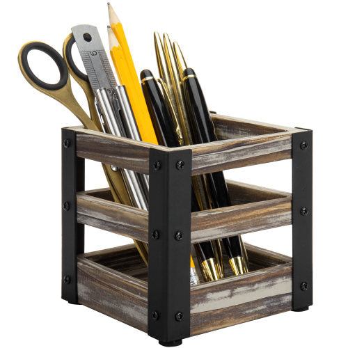 Rustic Torched Wood and Industrial Black Metal Office Stationary Cup-MyGift