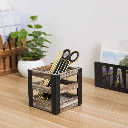Rustic Torched Wood and Industrial Black Metal Office Stationary Cup-MyGift