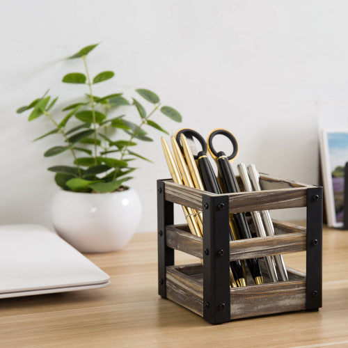 Rustic Torched Wood and Industrial Black Metal Office Stationary Cup-MyGift