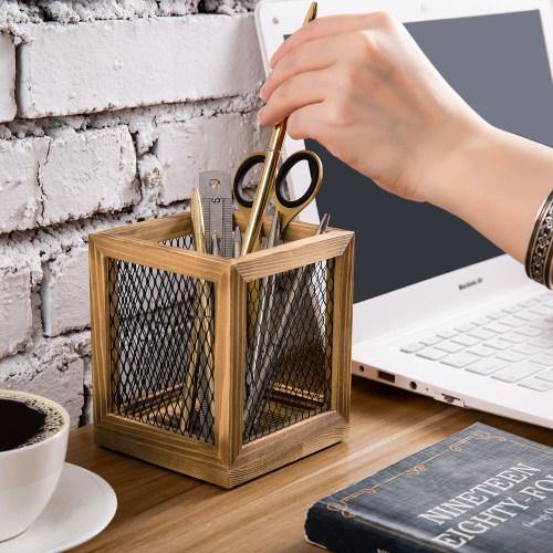 Rustic Burnt Wood and Black Metal Wire Stationary Cup - MyGift