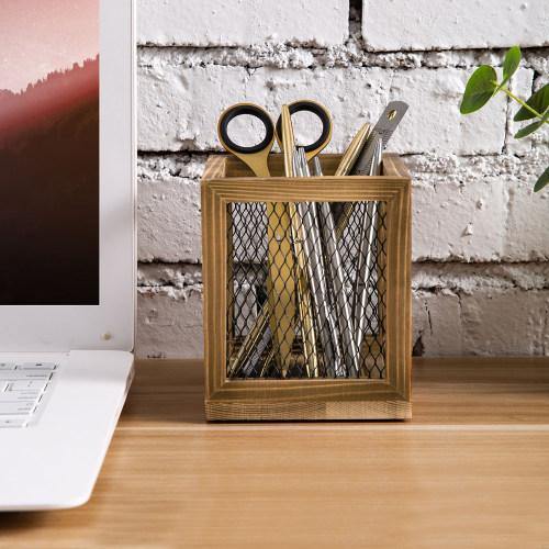 Rustic Burnt Wood and Black Metal Wire Stationary Cup - MyGift