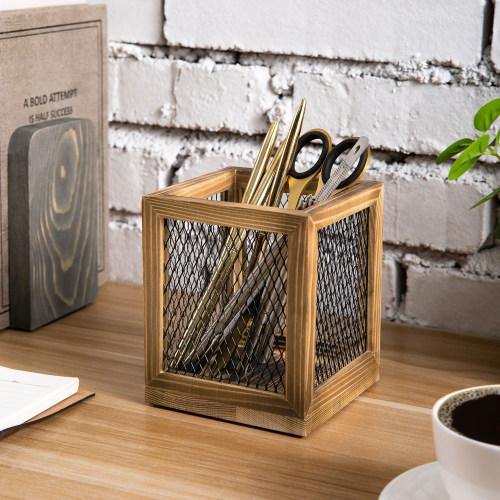 Rustic Burnt Wood and Black Metal Wire Stationary Cup - MyGift