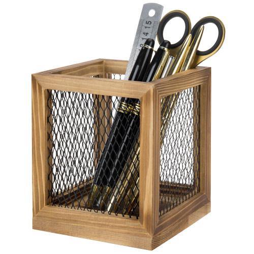 Rustic Burnt Wood and Black Metal Wire Stationary Cup - MyGift