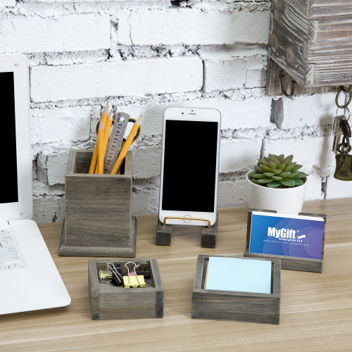 5-Piece Rustic Gray Wood & Brass Metal Office Accessory Set-MyGift