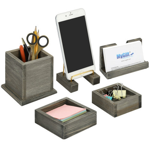 5-Piece Rustic Gray Wood & Brass Metal Office Accessory Set-MyGift