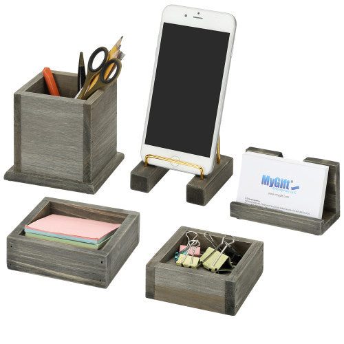 5-Piece Rustic Gray Wood & Brass Metal Office Accessory Set-MyGift