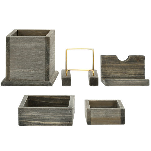 5-Piece Rustic Gray Wood & Brass Metal Office Accessory Set-MyGift