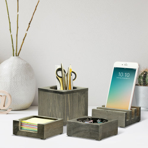 Rustic-Modern Gray Wood Office Organizer Set w/ Pencil Cup, Business Card Stand, Paper Clip Tray & Note Pad Holder-MyGift