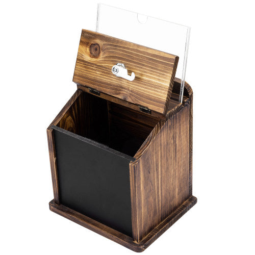 Burnt Wood Collection Box w/ Lock & Key, Clear Acrylic Sign Holder & Chalkboard-MyGift