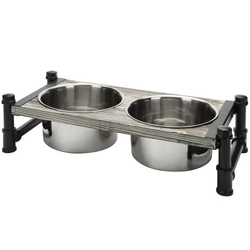 Torched Wood & Industrial Pipe Pet Feeder Stand w/ Bowls-MyGift