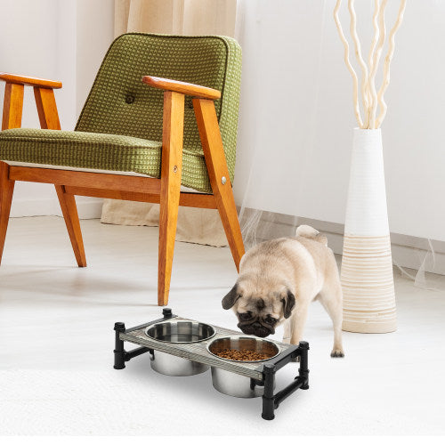 Torched Wood & Industrial Pipe Pet Feeder Stand w/ Bowls-MyGift