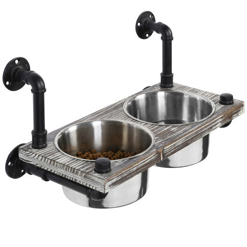Wall-Mounted Torched Wood & Industrial Pipe Dog Feeder w/ Stainless Steel Bowls-MyGift