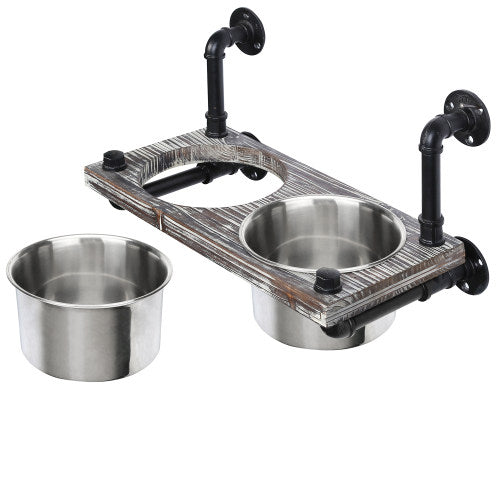 Wall-Mounted Torched Wood & Industrial Pipe Dog Feeder w/ Stainless Steel Bowls-MyGift