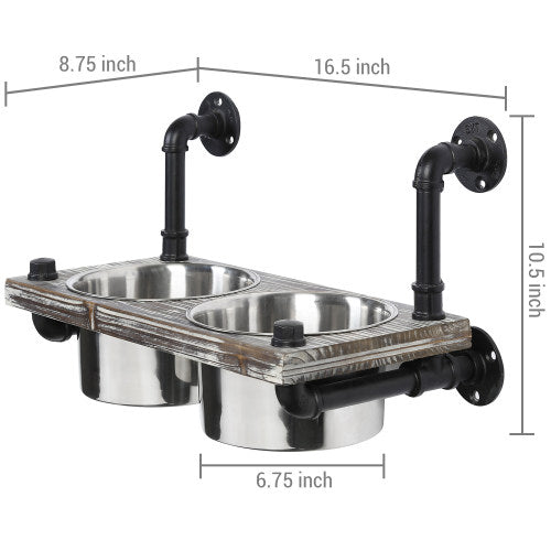 Wall-Mounted Torched Wood & Industrial Pipe Dog Feeder w/ Stainless Steel Bowls-MyGift