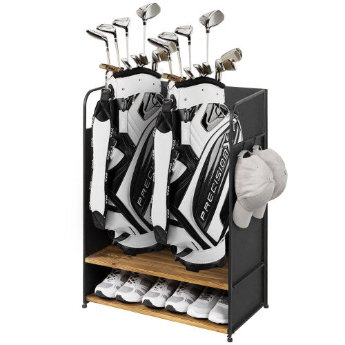 Matte Black Metal and Burnt Wood Golf Organizer for 2 Golf Bags, Shoes, Equipment, Hat and Towel Hangers-MyGift
