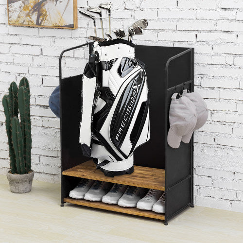 Matte Black Metal and Burnt Wood Golf Organizer for 2 Golf Bags