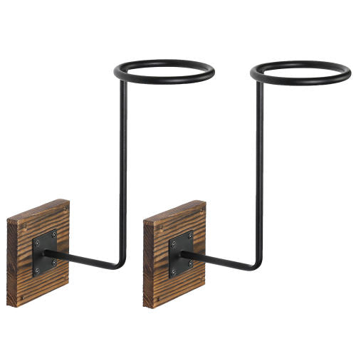 Black Metal Deluxe Helmet Holder Rack w/ Burnt Wood Base, Set of 2-MyGift