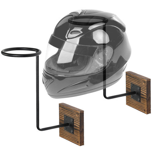 Black Metal Deluxe Helmet Holder Rack w/ Burnt Wood Base, Set of 2-MyGift