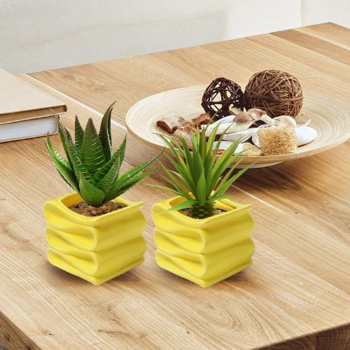 yellow ceramic pots for plants Square Small Yellow Ceramic Planter Pot, Set of 2