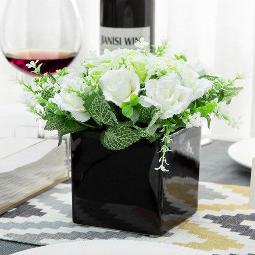 Faux Ivory Rose Floral Arrangement in Black Ceramic Vase