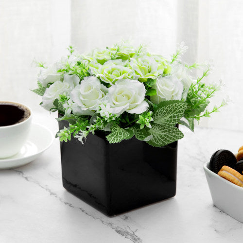 Faux Ivory Rose Floral Arrangement in Black Ceramic Vase-MyGift