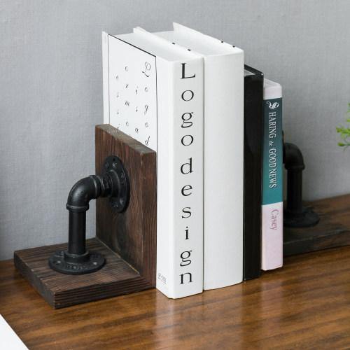 Dark Brown Pipe & Wood Bookends, Set of 2 - MyGift