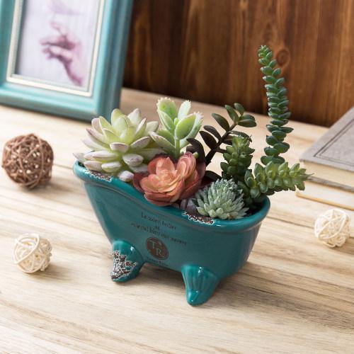 Petite French Country Bathtub Flower Pot, Turquoise - MyGift