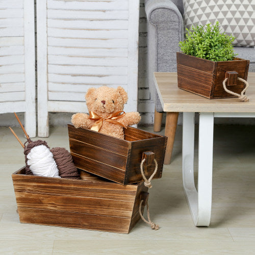 Dark Brown Wood Nesting Crates w/ Rope Handles, Set of 3-MyGift