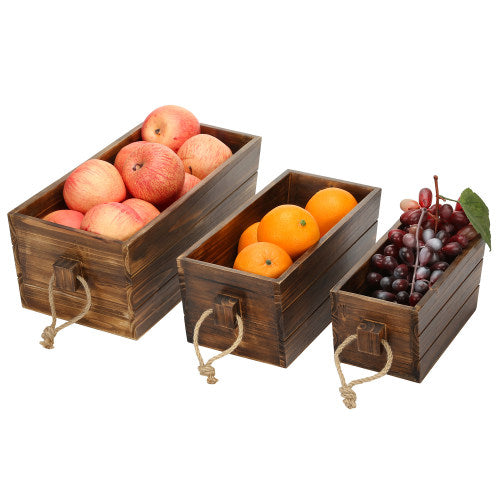 Dark Brown Wood Nesting Crates w/ Rope Handles, Set of 3-MyGift