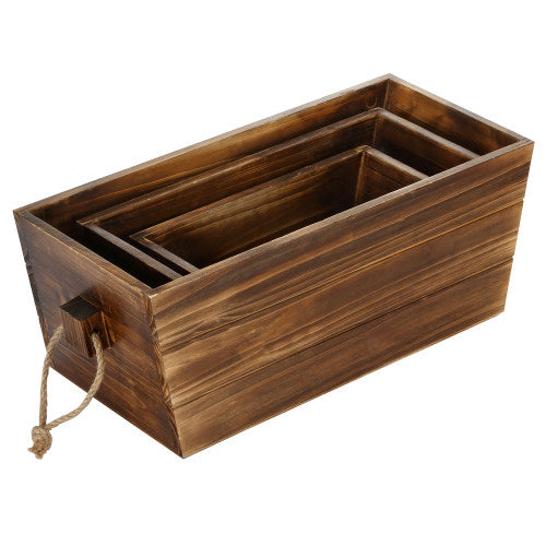 Dark Brown Wood Nesting Crates w/ Rope Handles, Set of 3-MyGift