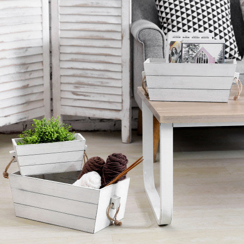 Vintage White Rectangular Nesting Wood Crates w/ Rope Handles, Set of 3-MyGift