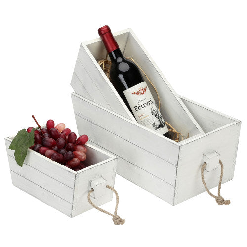 Vintage White Rectangular Nesting Wood Crates w/ Rope Handles, Set of 3-MyGift