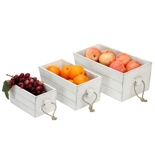 Vintage White Rectangular Nesting Wood Crates w/ Rope Handles, Set of 3-MyGift