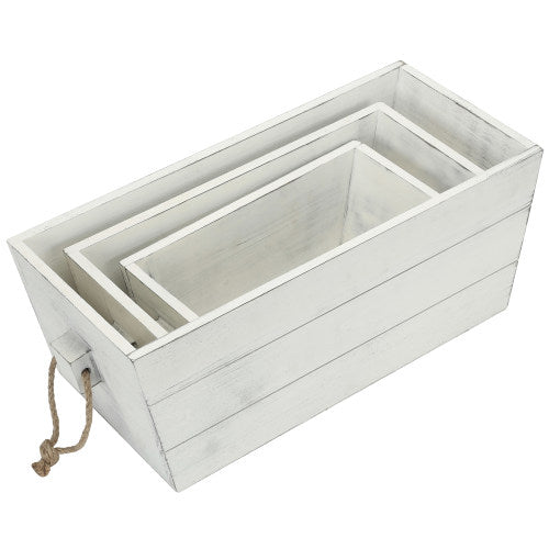 Vintage White Rectangular Nesting Wood Crates w/ Rope Handles, Set of 3-MyGift