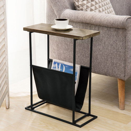 Torched Wood & Black Metal End Table with Magazine Holder Sling-MyGift