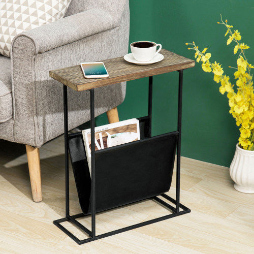 Torched Wood & Black Metal End Table with Magazine Holder Sling-MyGift