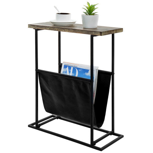 Torched Wood & Black Metal End Table with Magazine Holder Sling-MyGift