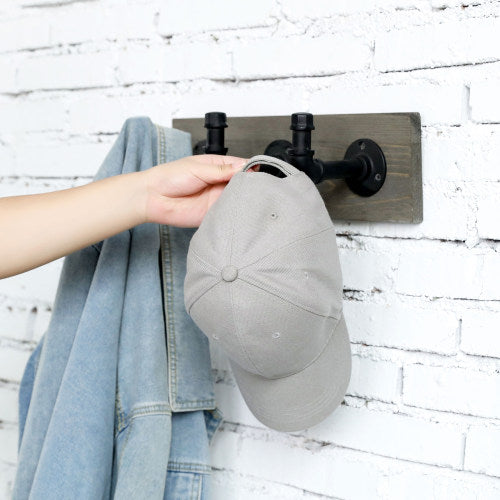 Gray Wood & Industrial Style Metal Pipe Wall Rack w/ 3 Hooks-MyGift