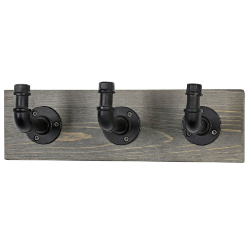Gray Wood & Industrial Style Metal Pipe Wall Rack w/ 3 Hooks-MyGift